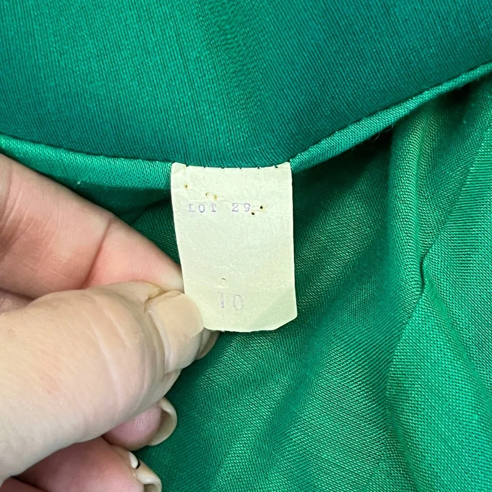 Vintage 1959–62 Emerald Shantung Cocktail Coat Crystal Buttons & Satin Bow‎ Belt - Picture 9 of 9